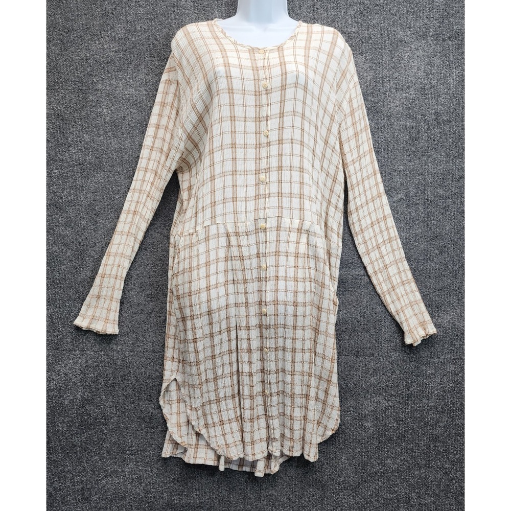 FLAX Women's Plaid Textured Tunic Lagenlook Boho Cottagecore Button Front Large